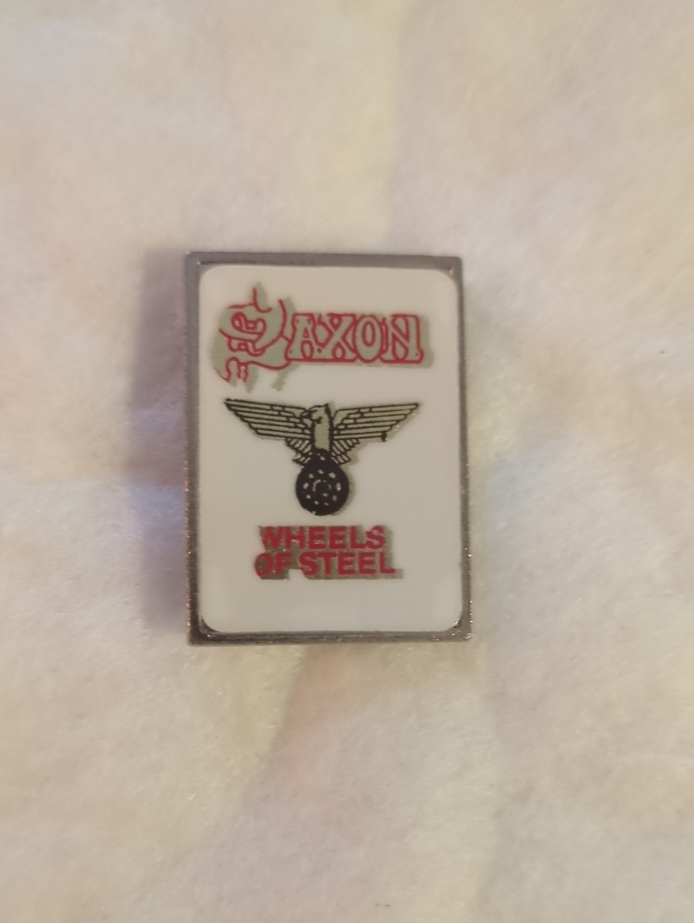 Vintage Saxon Wheels of Steel Enamel Pin - White and Red